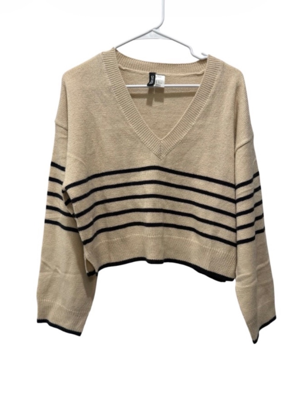 Cream with Black Stripes Crop V Neck Sweater